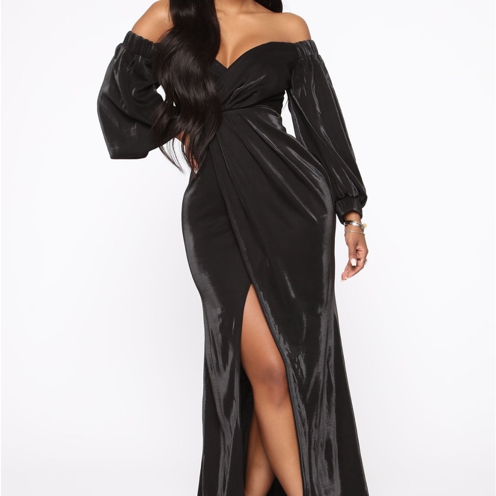 Floor length, off shoulder gown
